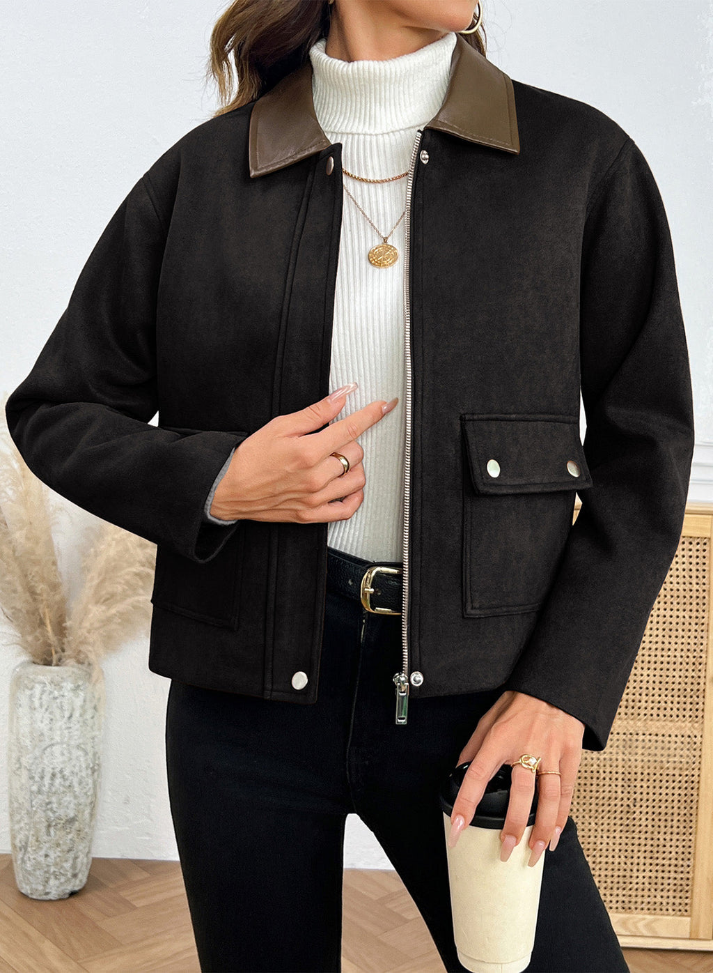 Dokotoo Womens Cropped Jacket 2026 Fall Collar Zip Button Coat with Pockets