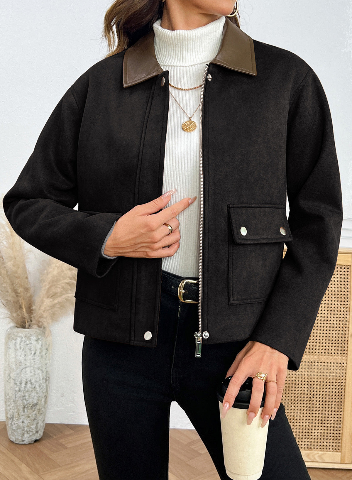 Dokotoo Womens Cropped Jacket 2026 Fall Collar Zip Button Coat with Pockets