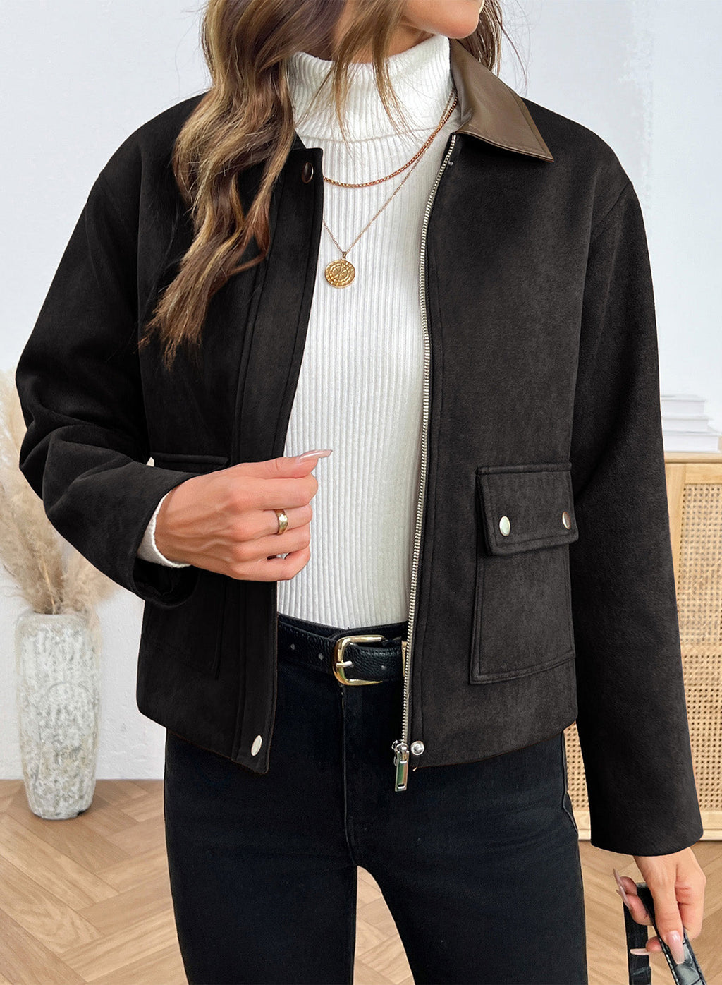 Dokotoo Womens Cropped Jacket 2026 Fall Collar Zip Button Coat with Pockets