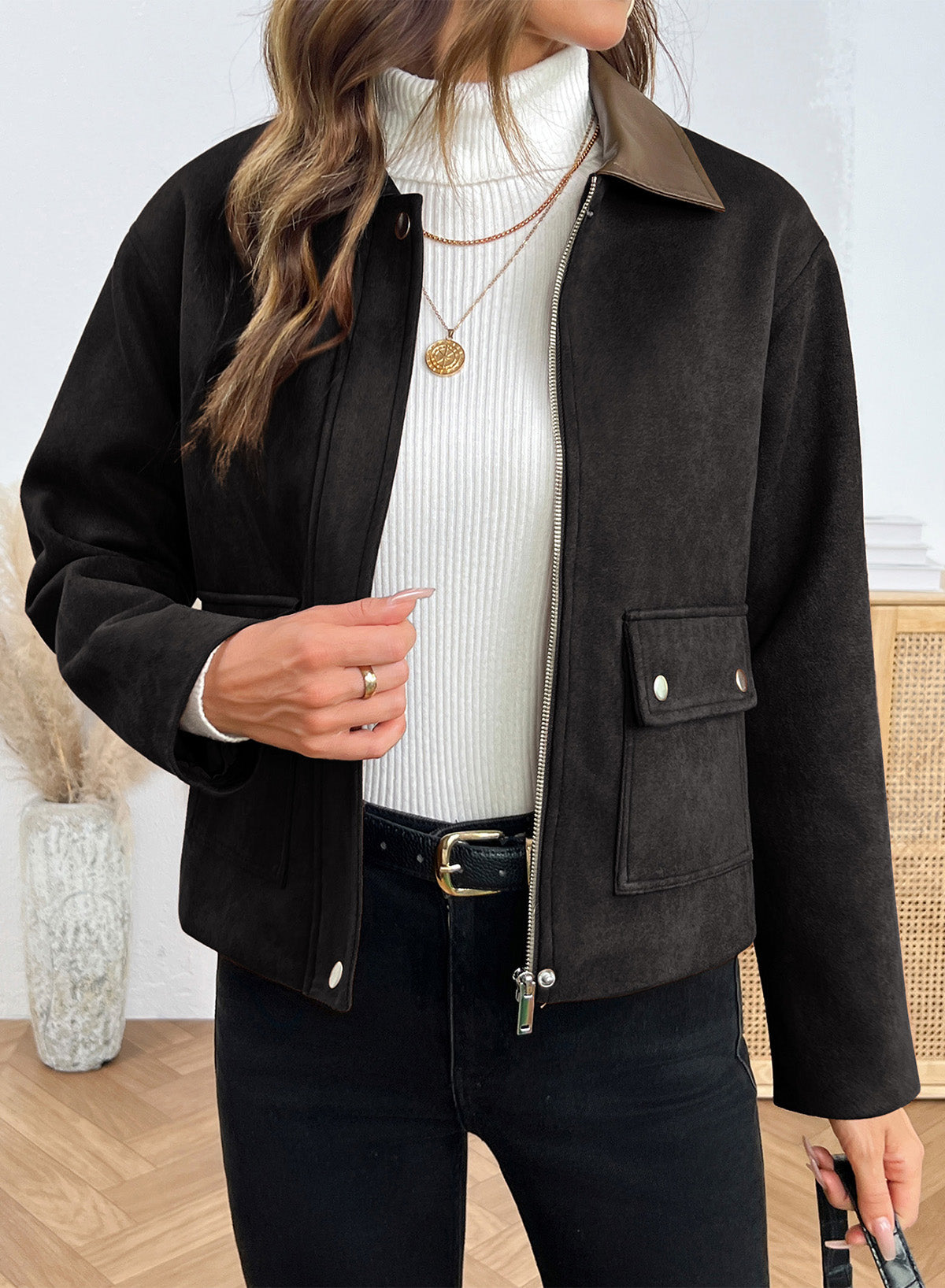 Dokotoo Womens Cropped Jacket 2026 Fall Collar Zip Button Coat with Pockets