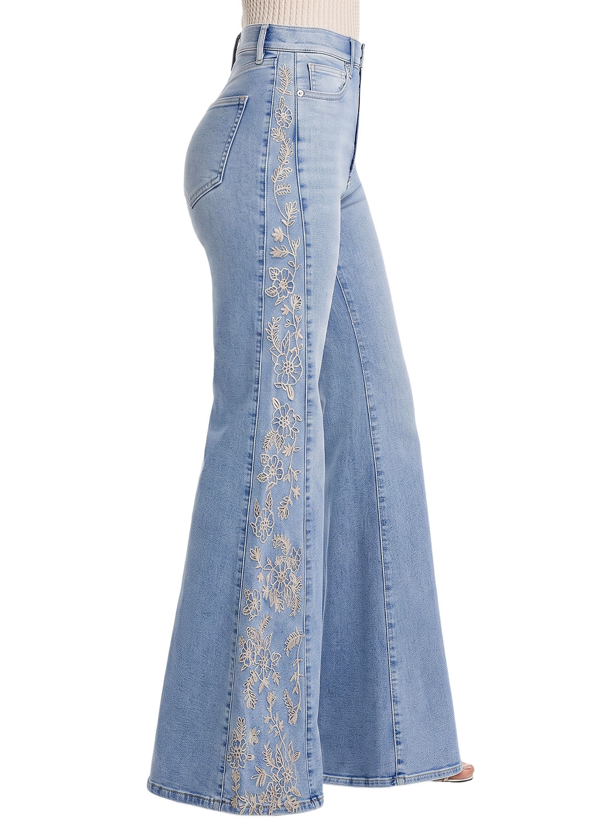 Dokotoo Women's Casual High Waist Embroidery Flare Leg Stretch Denim Pants
