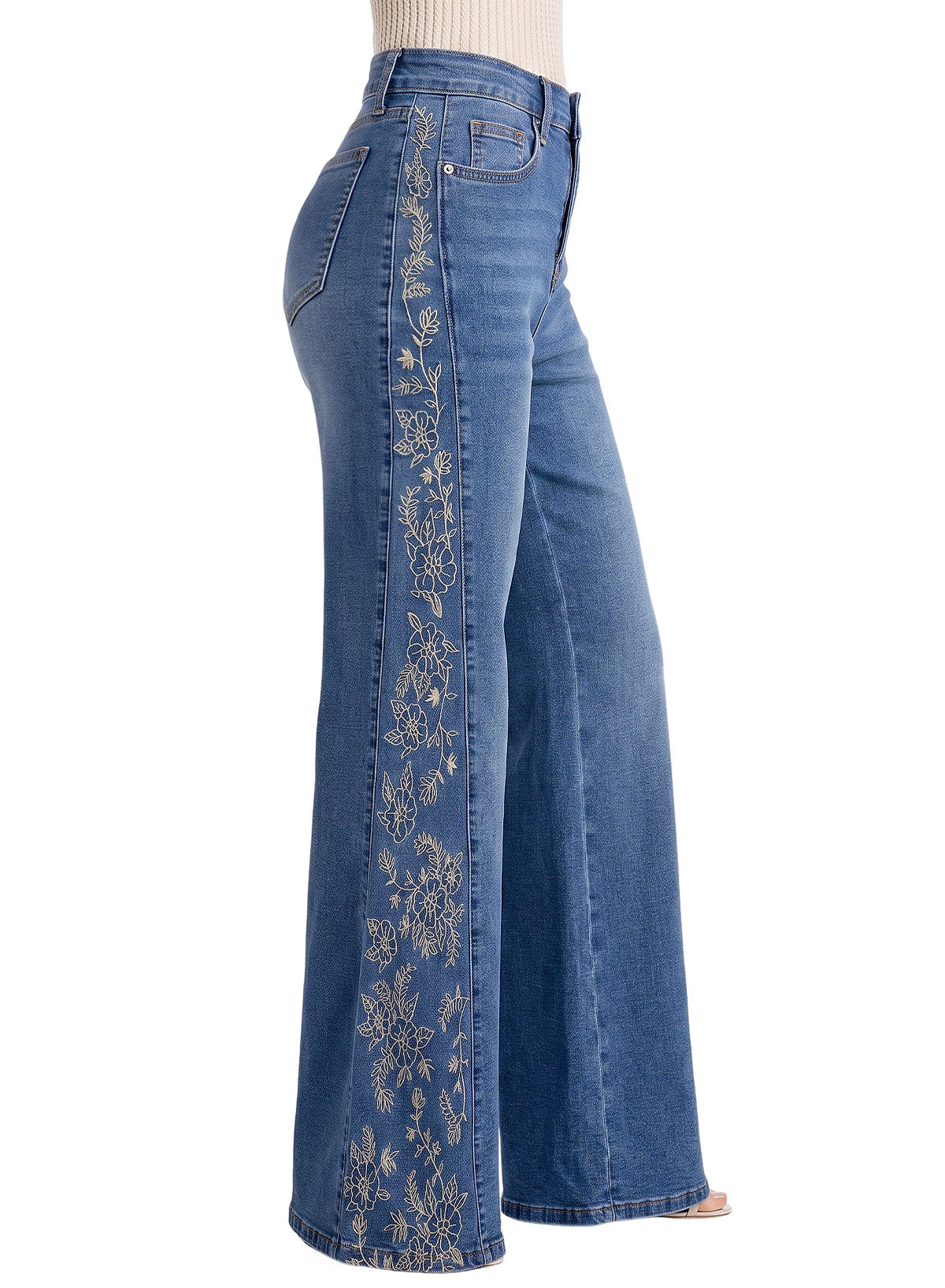 Dokotoo Women's Casual High Waist Embroidery Flare Leg Stretch Denim Pants