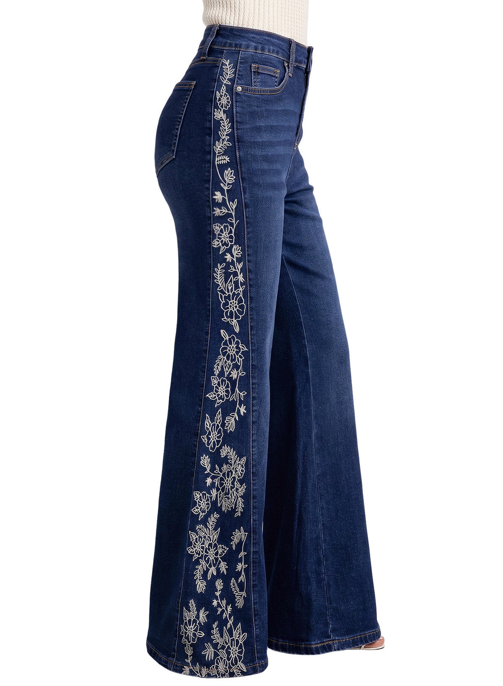Dokotoo Women's Casual High Waist Embroidery Flare Leg Stretch Denim Pants