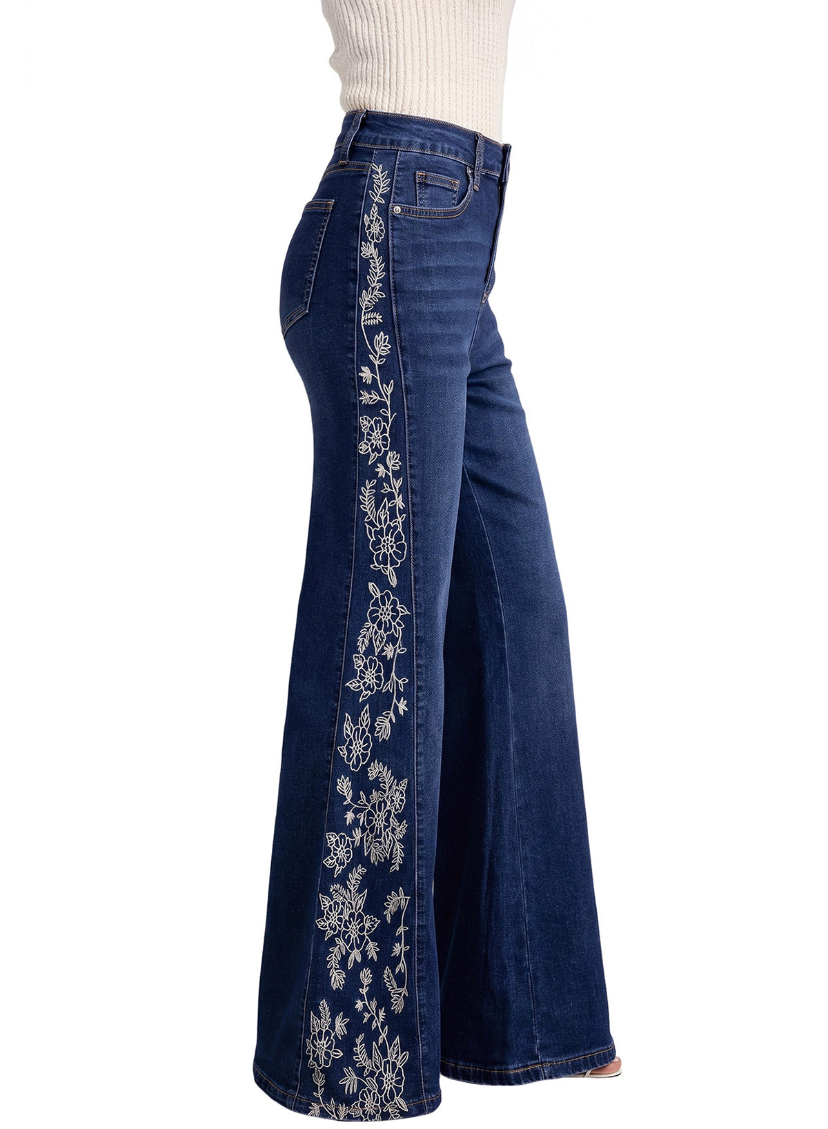 Dokotoo Women's Casual High Waist Embroidery Flare Leg Stretch Denim Pants