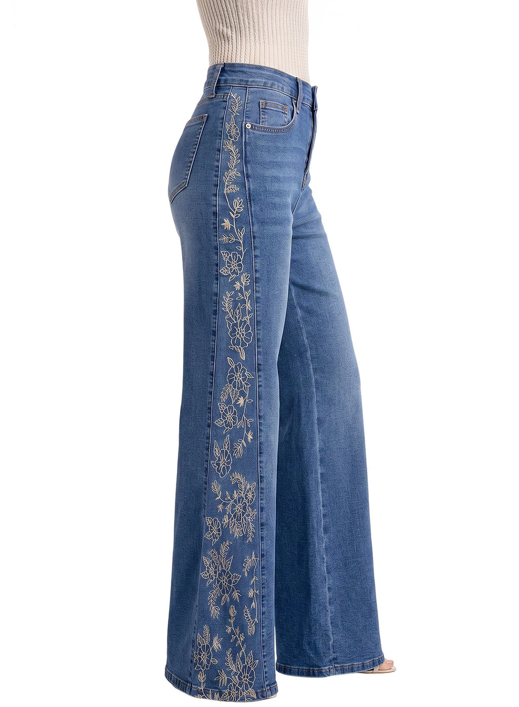 Dokotoo Women's Casual High Waist Embroidery Flare Leg Stretch Denim Pants