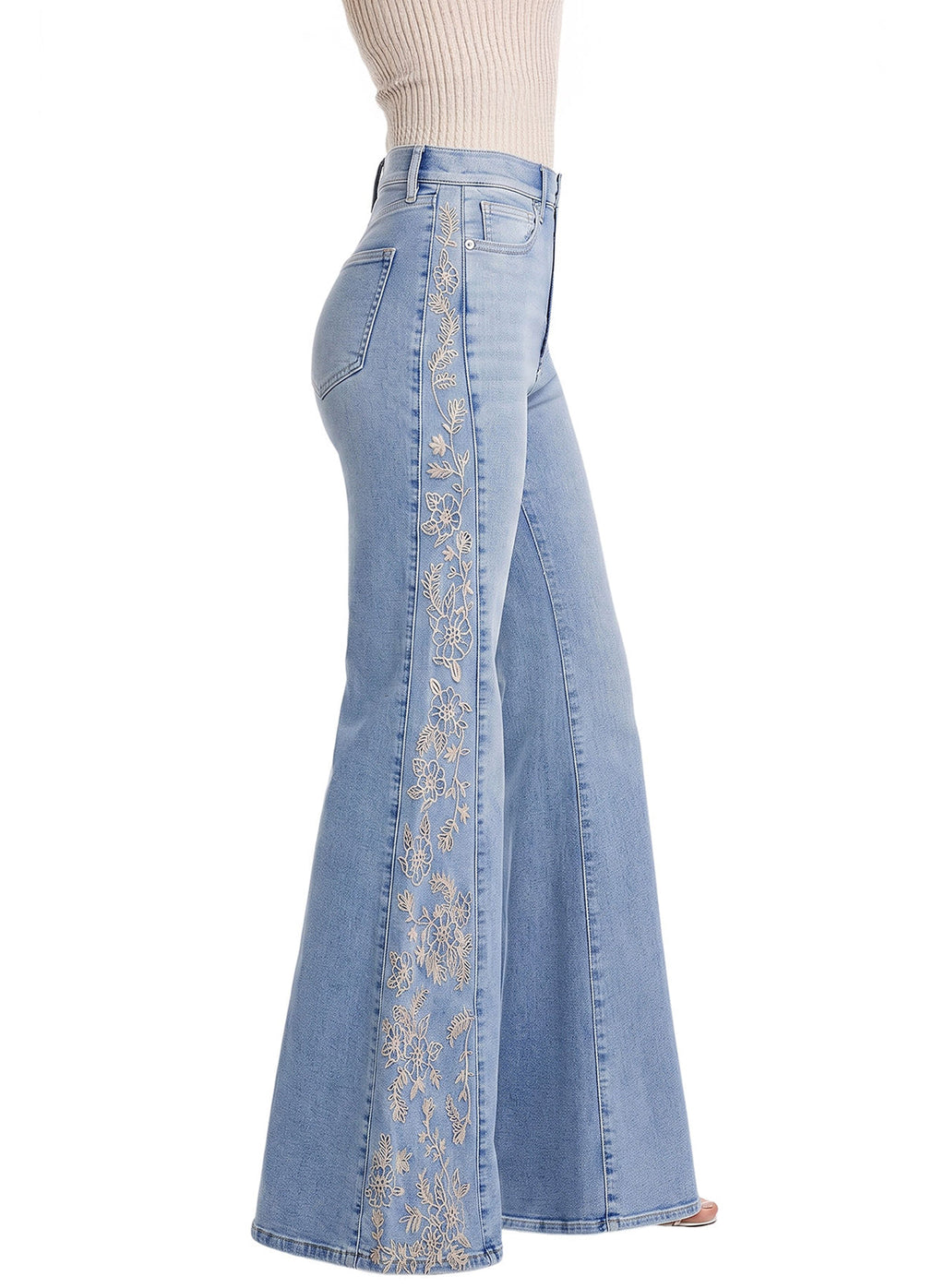 Dokotoo Women's Casual High Waist Embroidery Flare Leg Stretch Denim Pants