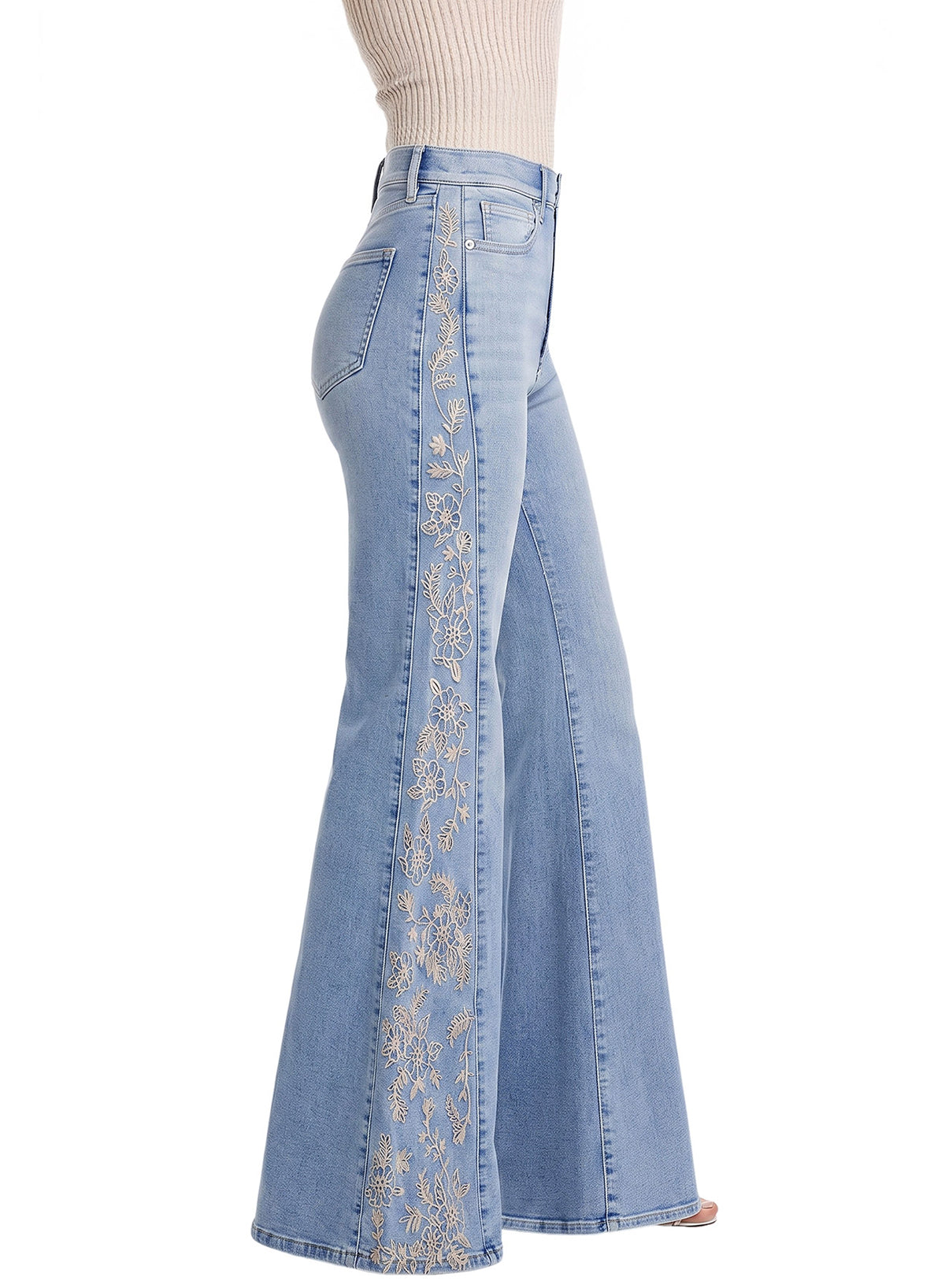 Dokotoo Women's Casual High Waist Embroidery Flare Leg Stretch Denim Pants