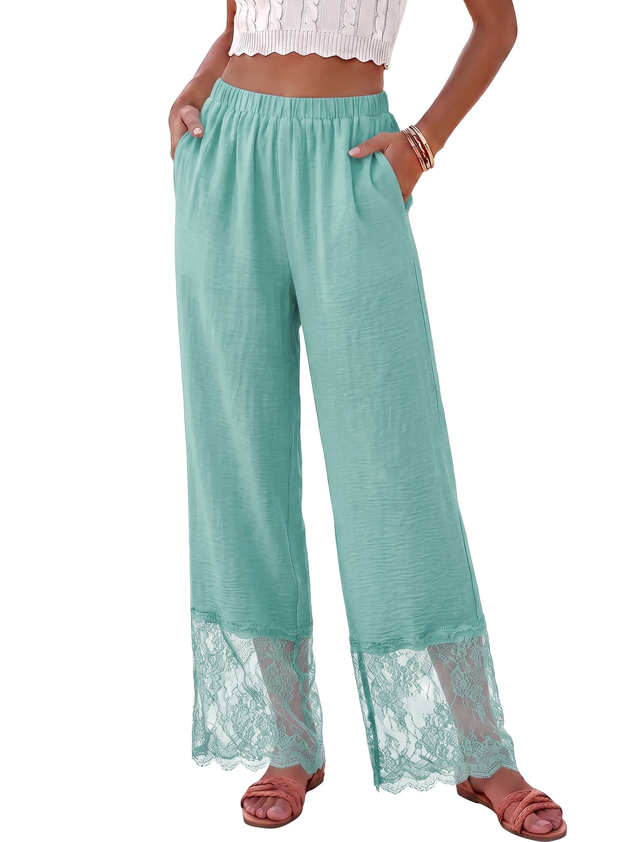 Dokotoo Cropped Lace Pants Women Casual Palazzo Flowy High Waist Trousers