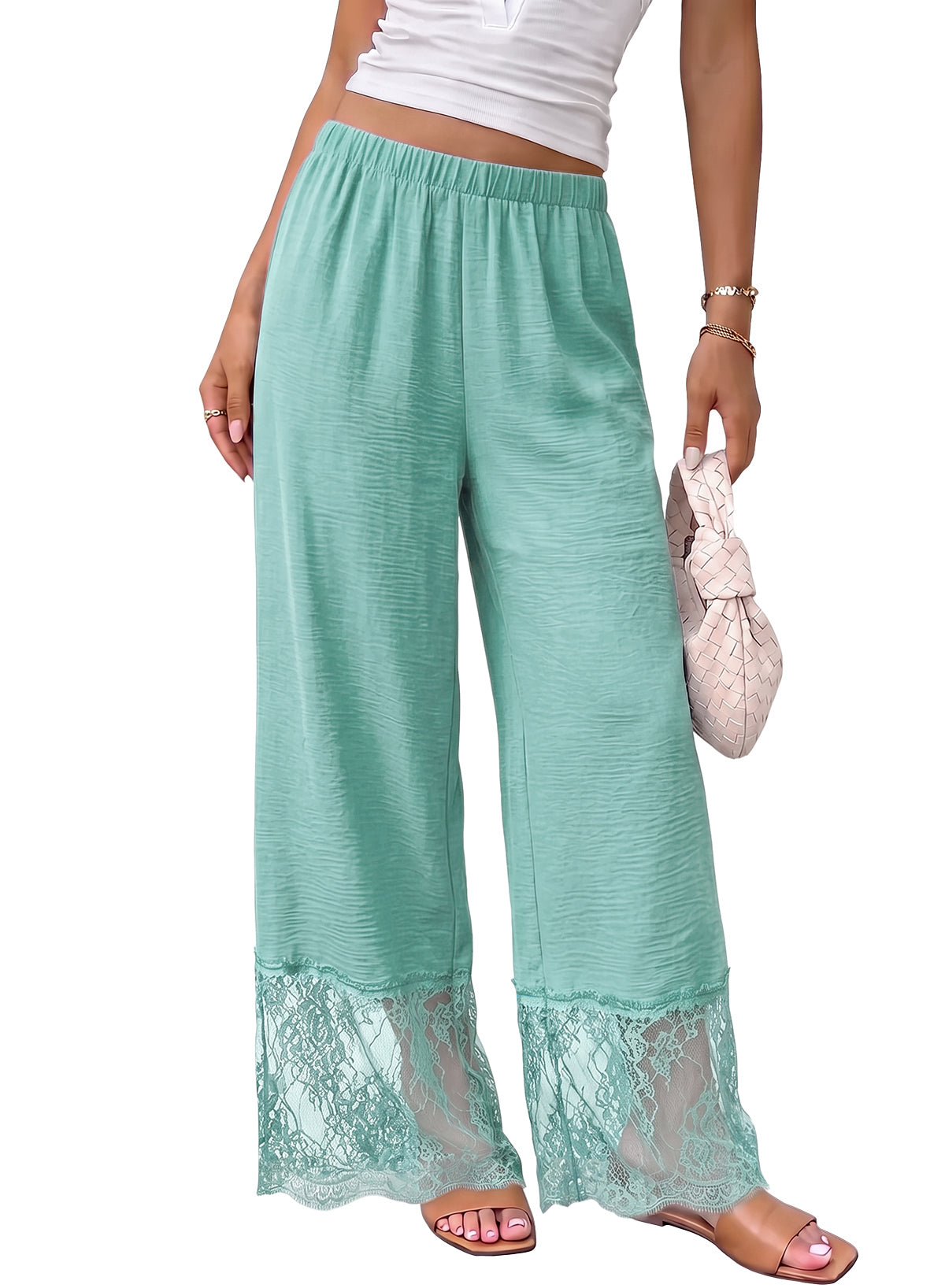 Dokotoo Cropped Lace Pants Women Casual Palazzo Flowy High Waist Trousers