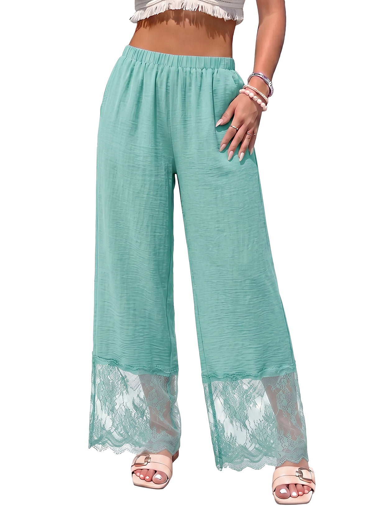 Dokotoo Cropped Lace Pants Women Casual Palazzo Flowy High Waist Trousers