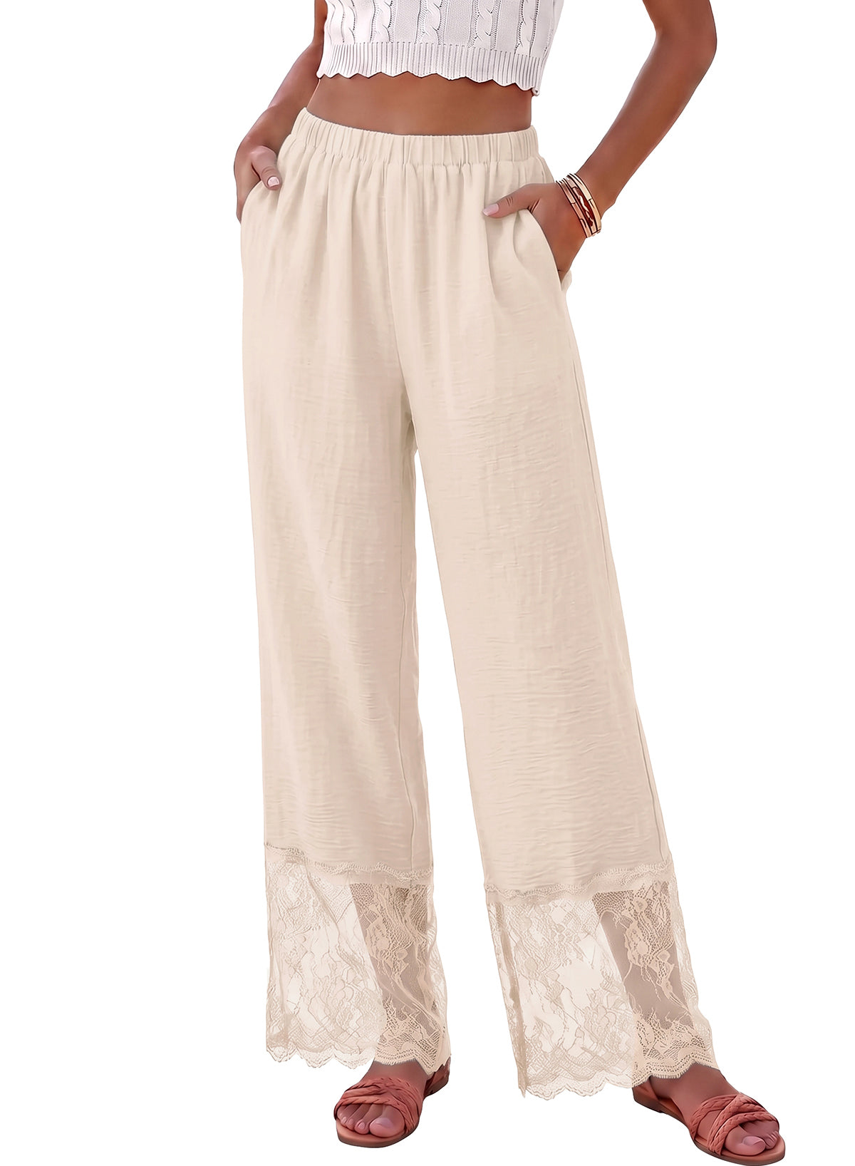 Dokotoo Cropped Lace Pants Women Casual Palazzo Flowy High Waist Trousers