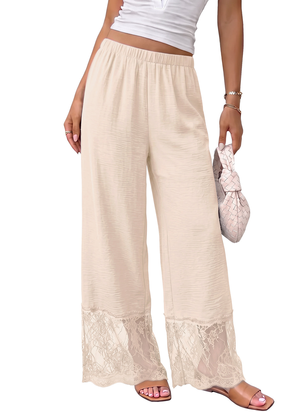 Dokotoo Cropped Lace Pants Women Casual Palazzo Flowy High Waist Trousers