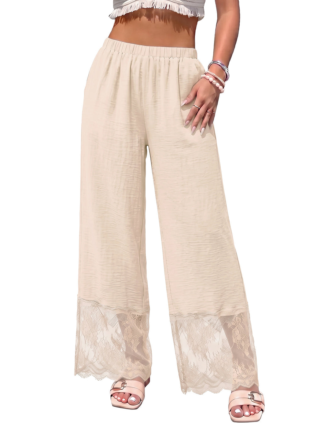 Dokotoo Cropped Lace Pants Women Casual Palazzo Flowy High Waist Trousers