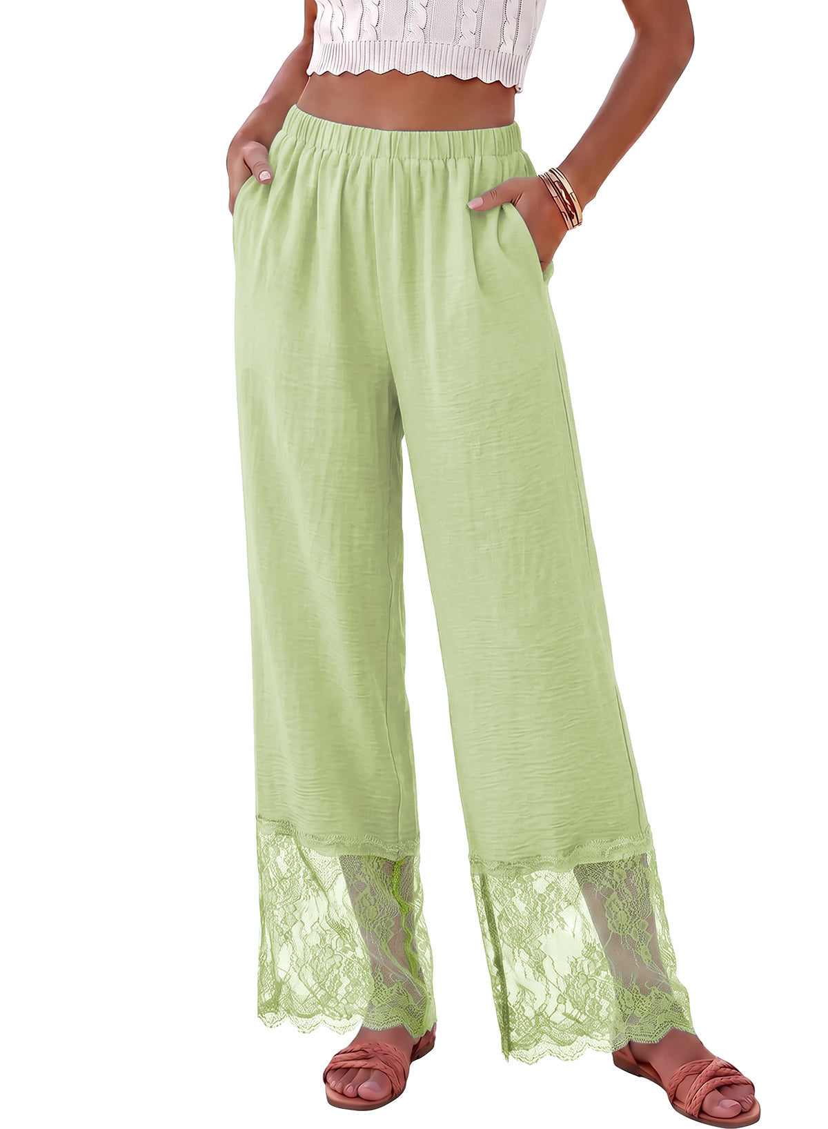 Dokotoo Cropped Lace Pants Women Casual Palazzo Flowy High Waist Trousers
