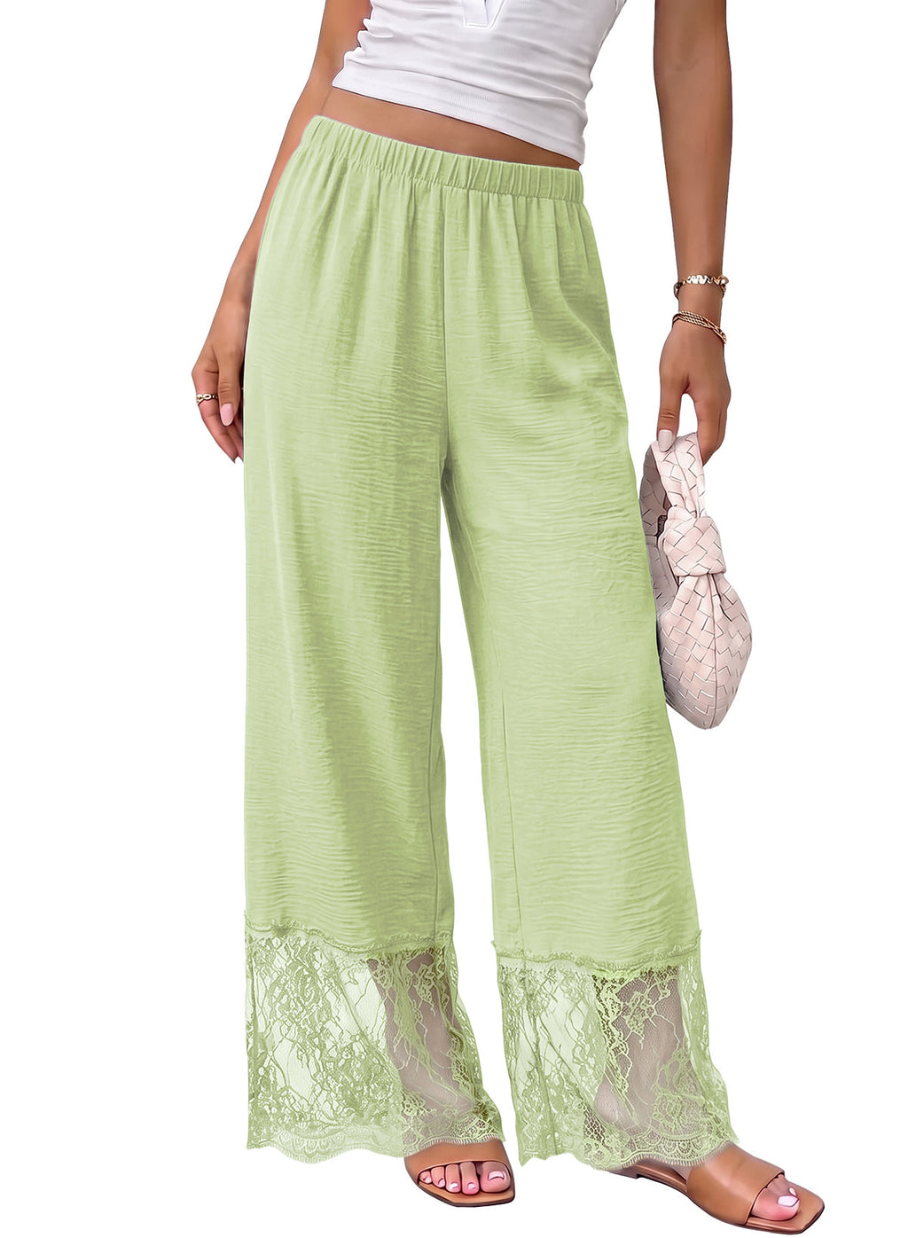 Dokotoo Cropped Lace Pants Women Casual Palazzo Flowy High Waist Trousers