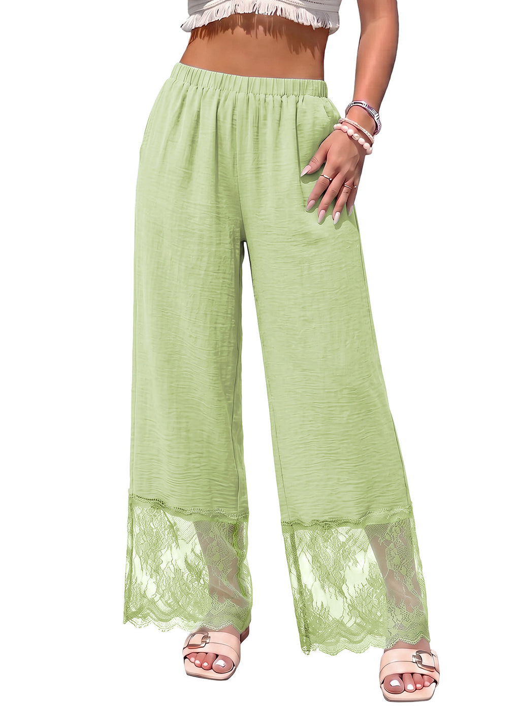 Dokotoo Cropped Lace Pants Women Casual Palazzo Flowy High Waist Trousers