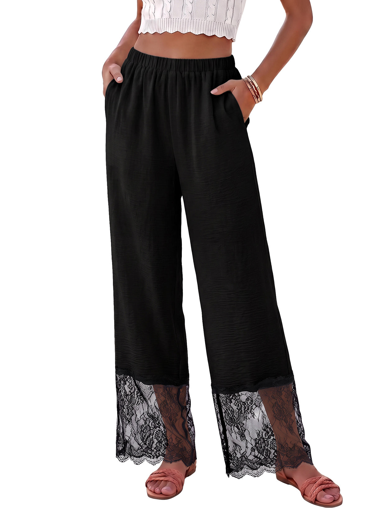Dokotoo Cropped Lace Pants Women Casual Palazzo Flowy High Waist Trousers