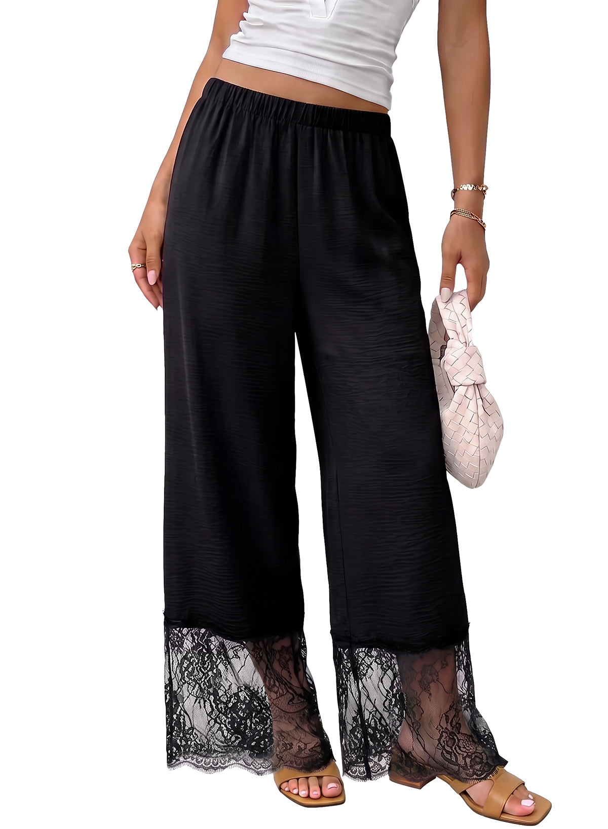 Dokotoo Cropped Lace Pants Women Casual Palazzo Flowy High Waist Trousers