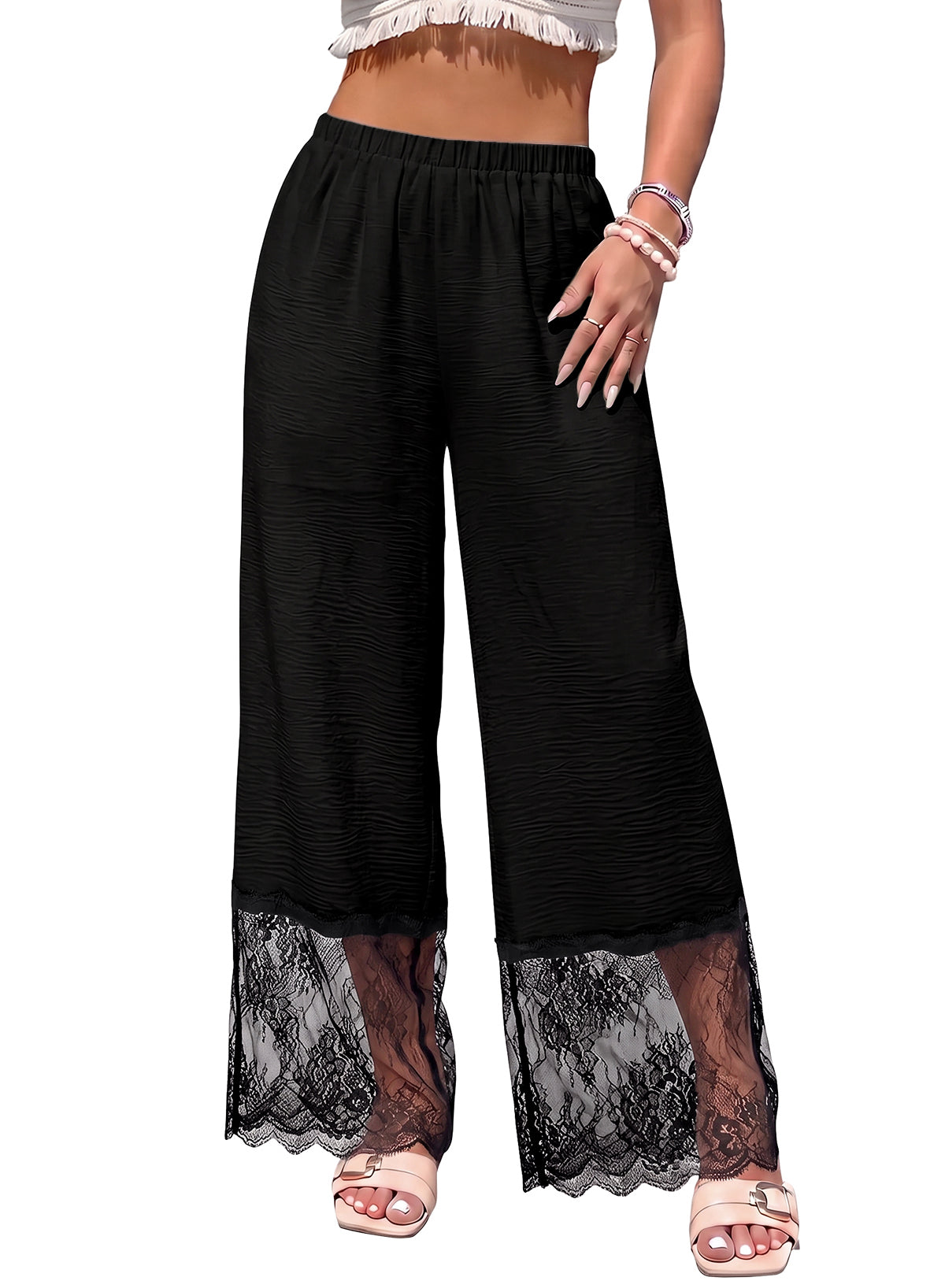 Dokotoo Cropped Lace Pants Women Casual Palazzo Flowy High Waist Trousers