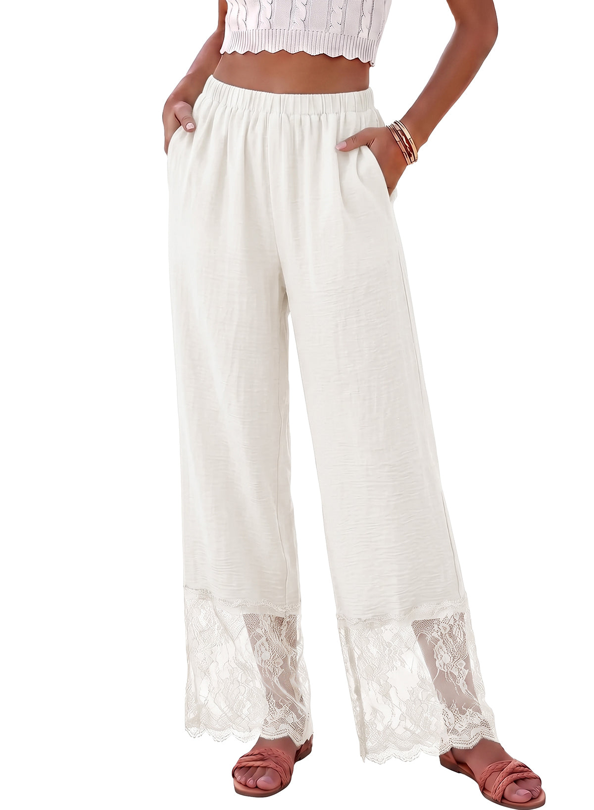 Dokotoo Cropped Lace Pants Women Casual Palazzo Flowy High Waist Trousers