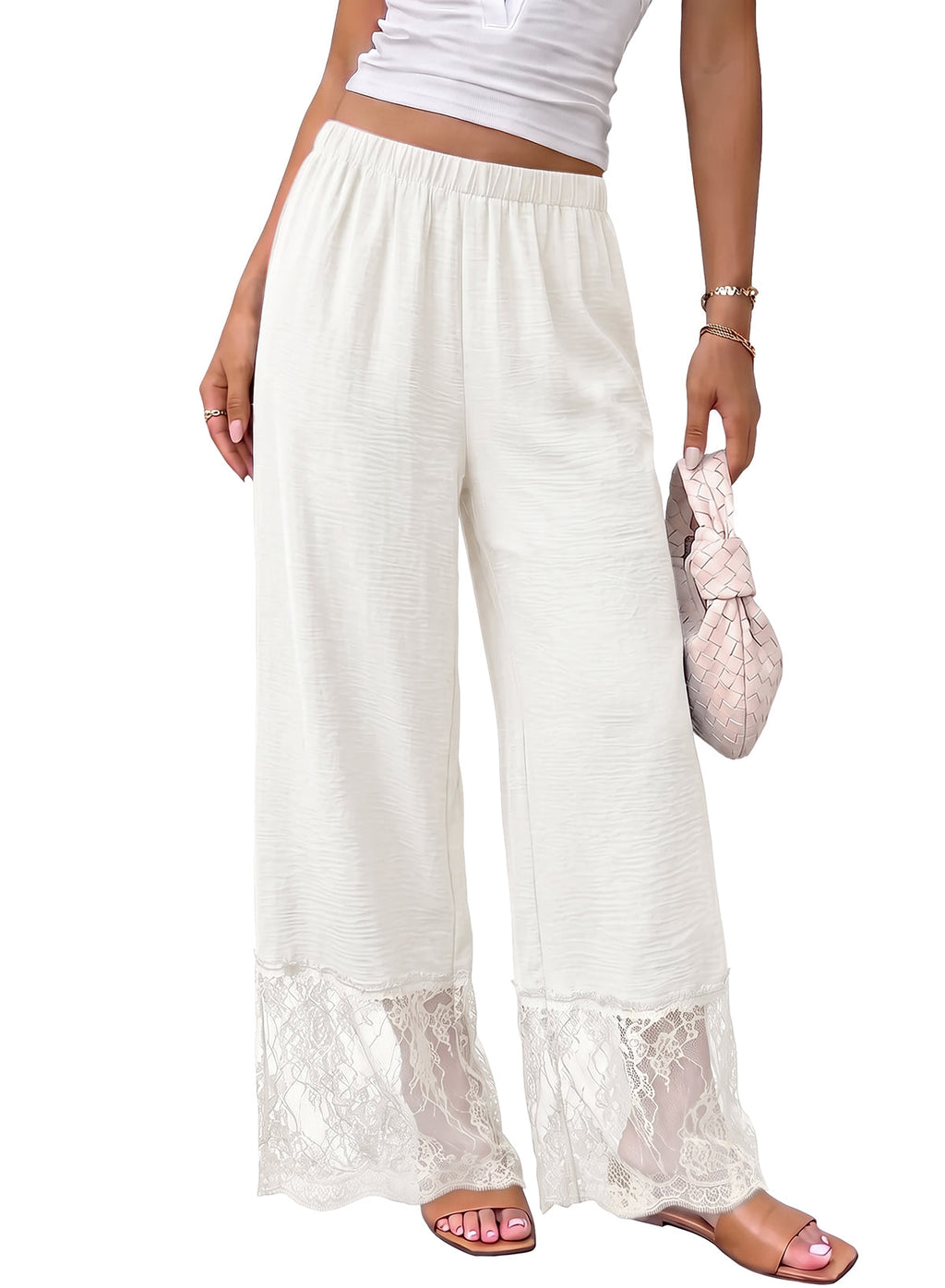 Dokotoo Cropped Lace Pants Women Casual Palazzo Flowy High Waist Trousers