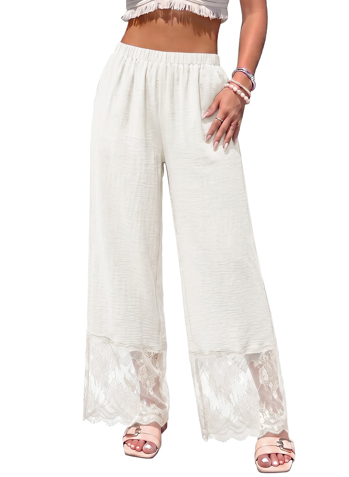 Dokotoo Cropped Lace Pants Women Casual Palazzo Flowy High Waist Trousers