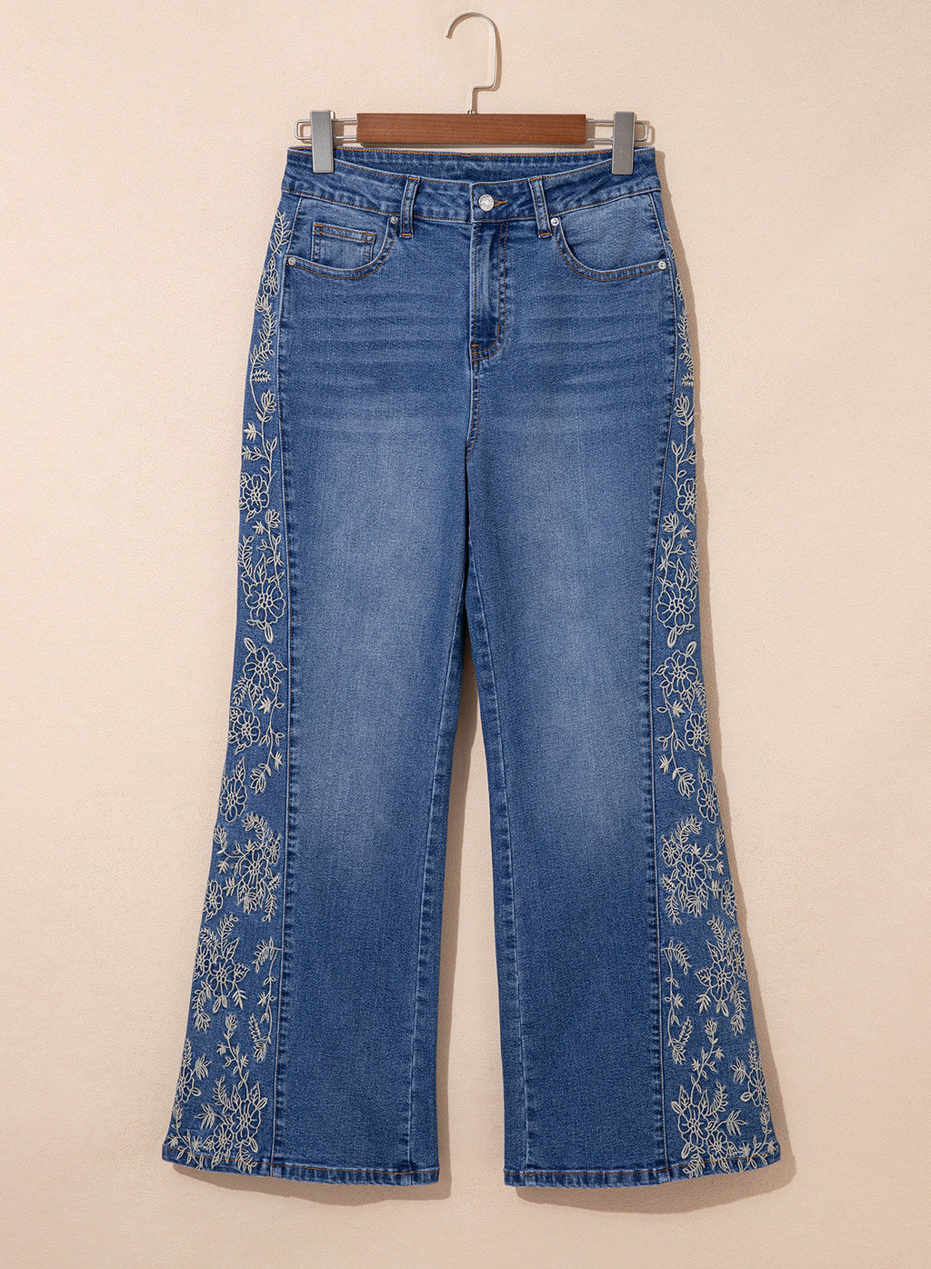 Dokotoo Women's Casual High Waist Embroidery Flare Leg Stretch Denim Pants
