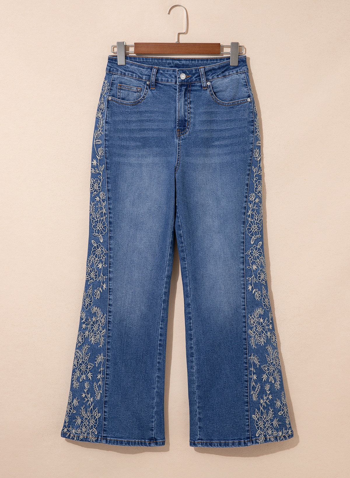 Dokotoo Women's Casual High Waist Embroidery Flare Leg Stretch Denim Pants