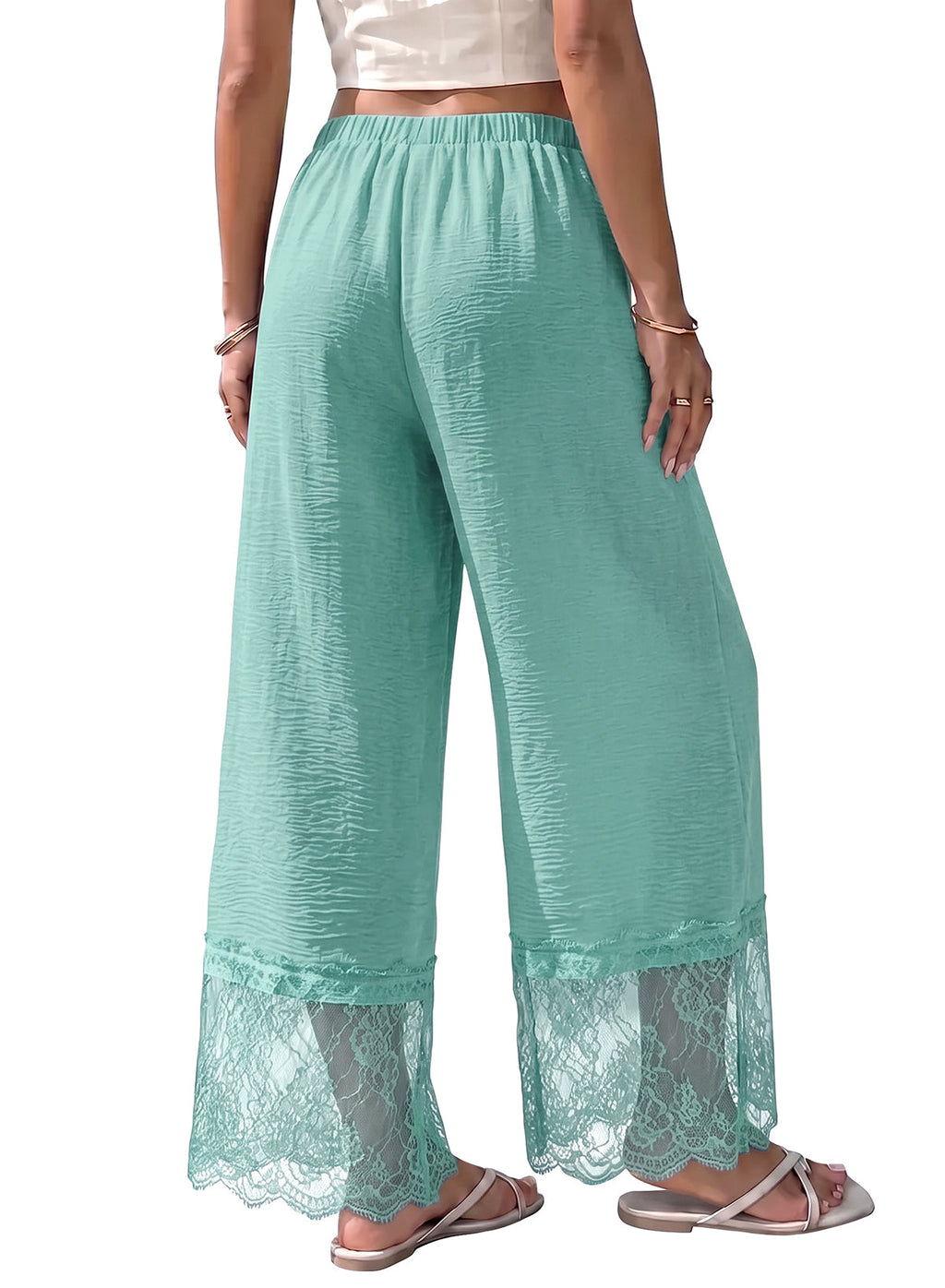 Dokotoo Cropped Lace Pants Women Casual Palazzo Flowy High Waist Trousers