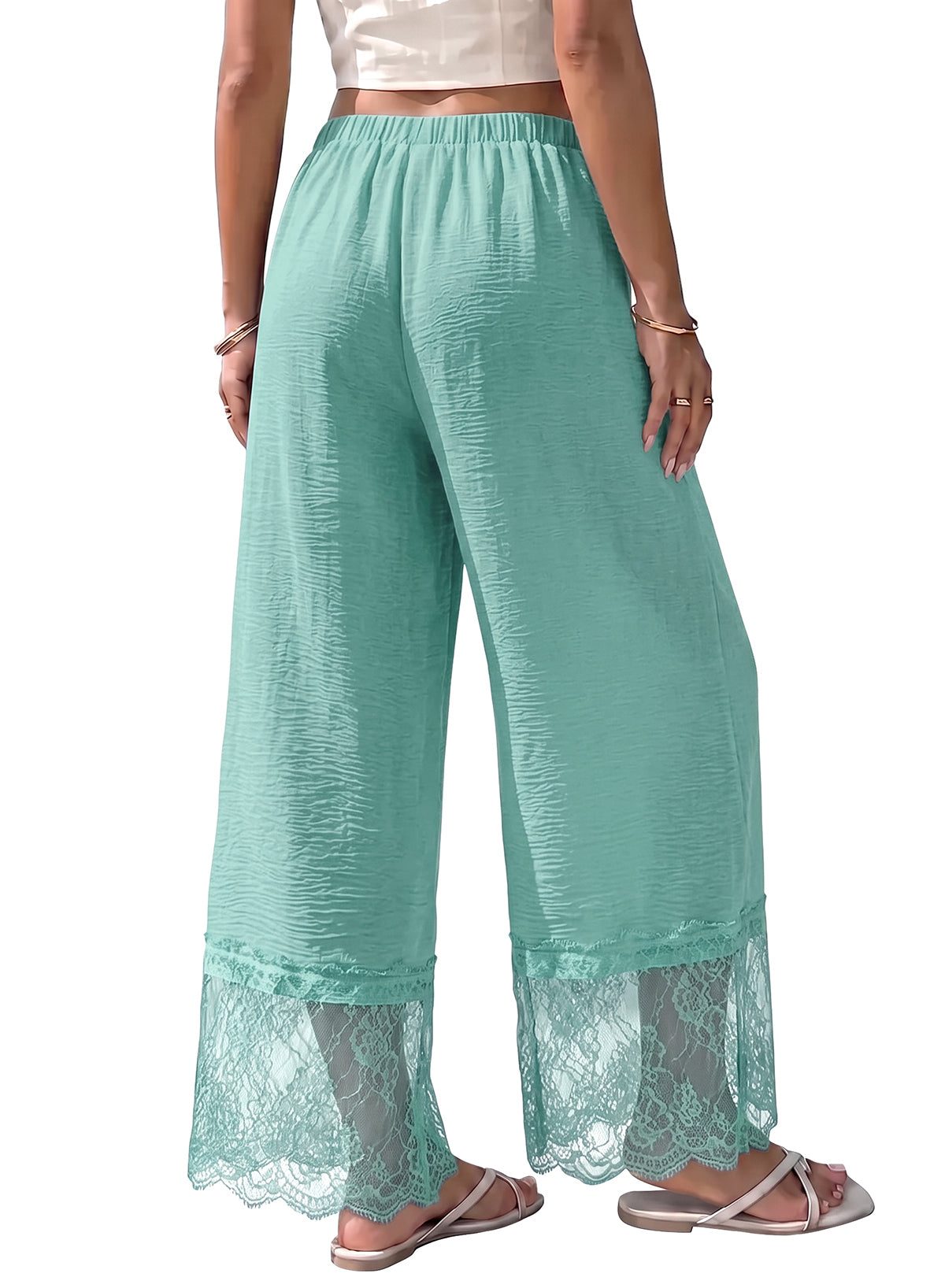 Dokotoo Cropped Lace Pants Women Casual Palazzo Flowy High Waist Trousers