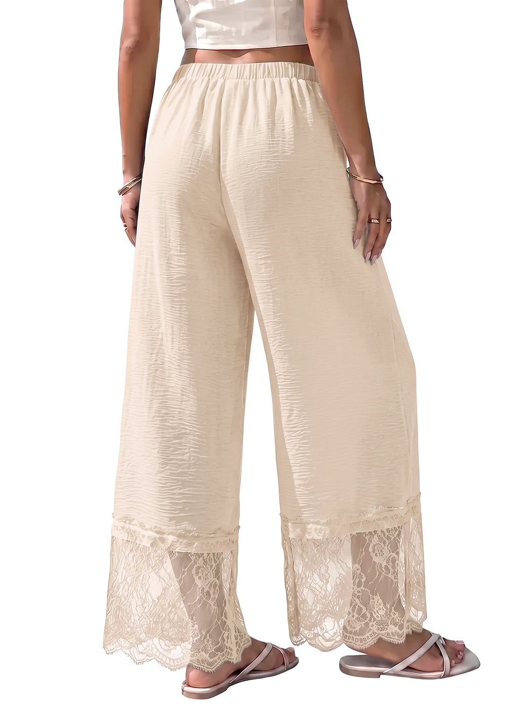Dokotoo Cropped Lace Pants Women Casual Palazzo Flowy High Waist Trousers