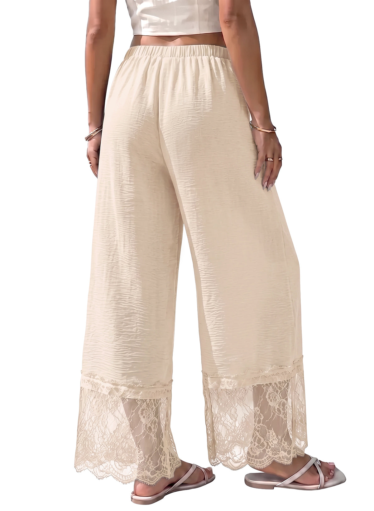 Dokotoo Cropped Lace Pants Women Casual Palazzo Flowy High Waist Trousers