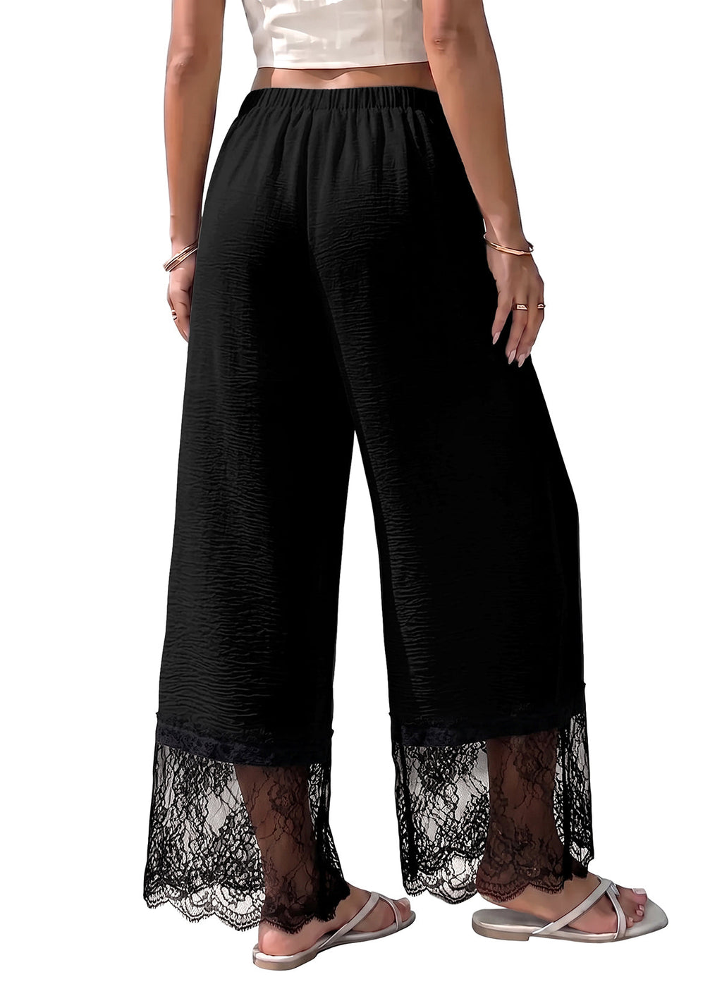 Dokotoo Cropped Lace Pants Women Casual Palazzo Flowy High Waist Trousers