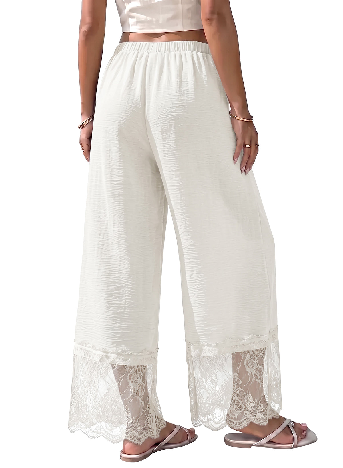 Dokotoo Cropped Lace Pants Women Casual Palazzo Flowy High Waist Trousers