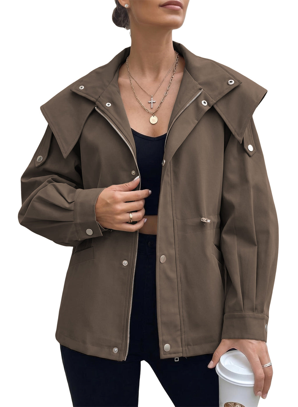 Dokotoo Women's Casual Drawstring Zip Hooded Trench Coat 2026 Outerwear Jacket