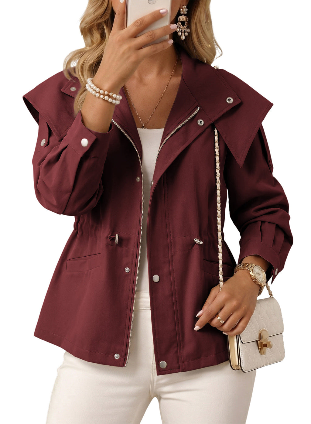 Dokotoo Women's Casual Drawstring Zip Hooded Trench Coat 2026 Outerwear Jacket