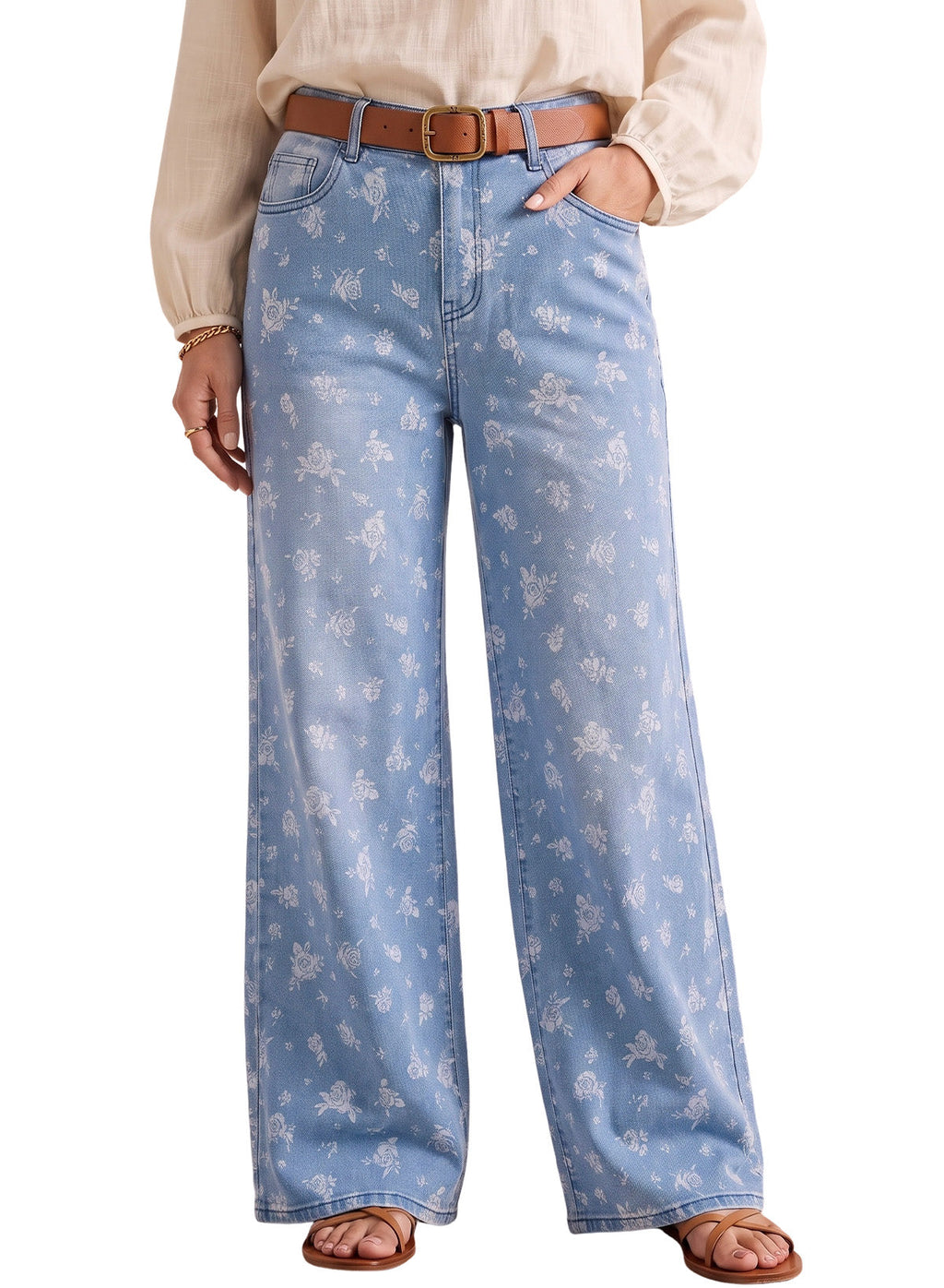 Dokotoo Women's Wide Leg Jeans Floral Print Baggy Denim Pants with Pockets