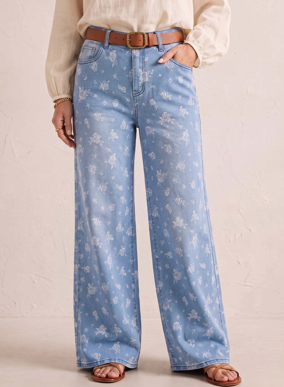 Dokotoo Women's Wide Leg Jeans Floral Print Baggy Denim Pants with Pockets