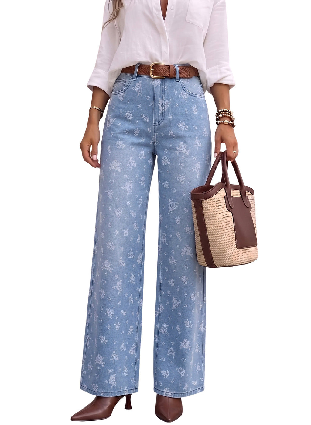 Dokotoo Women's Wide Leg Jeans Floral Print Baggy Denim Pants with Pockets