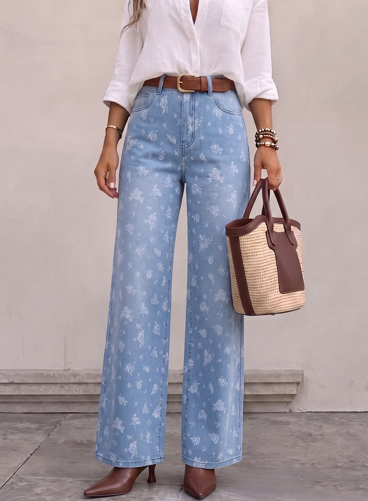 Dokotoo Women's Wide Leg Jeans Floral Print Baggy Denim Pants with Pockets