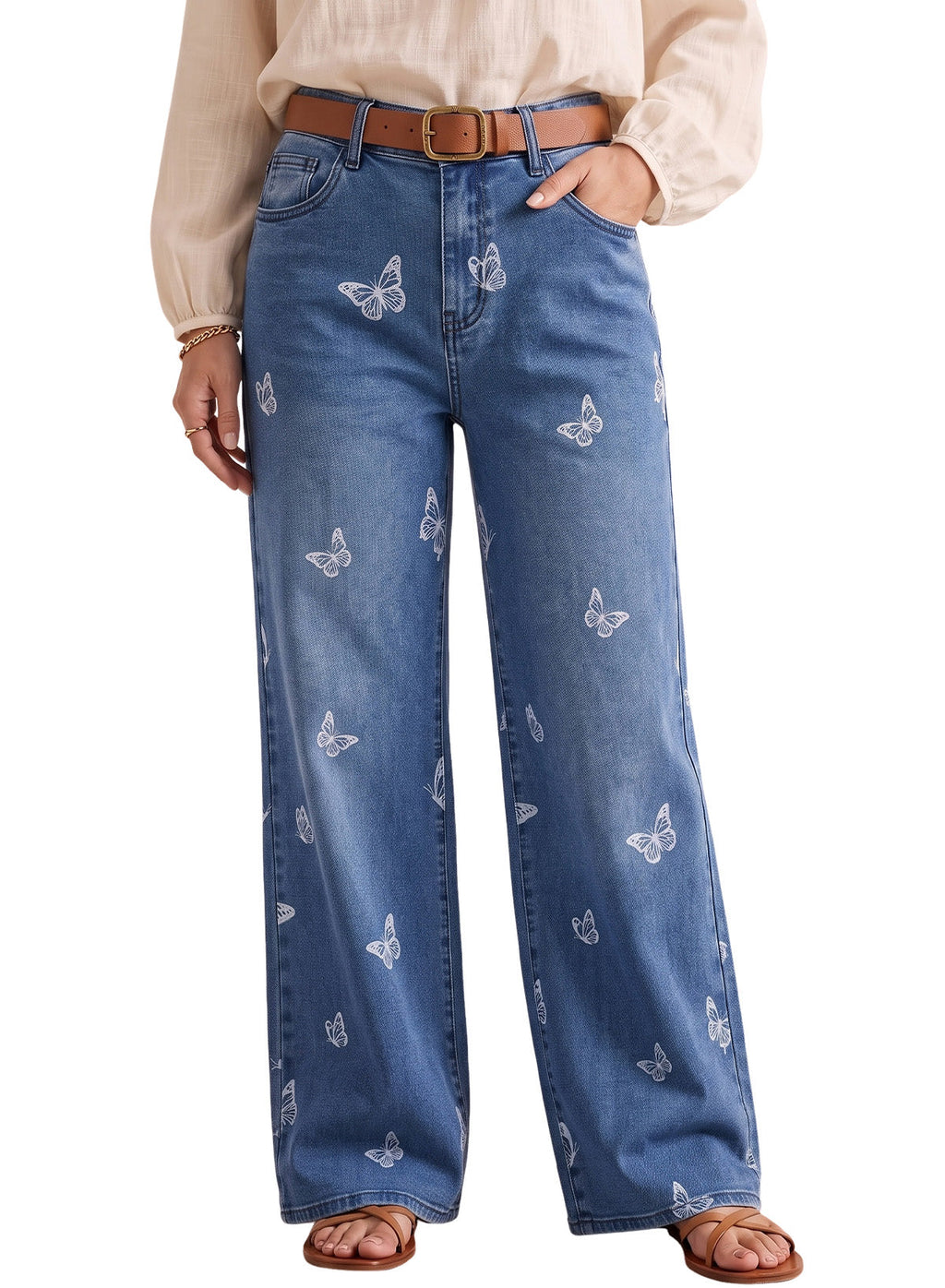 Dokotoo Women's Wide Leg Jeans Floral Print Baggy Denim Pants with Pockets