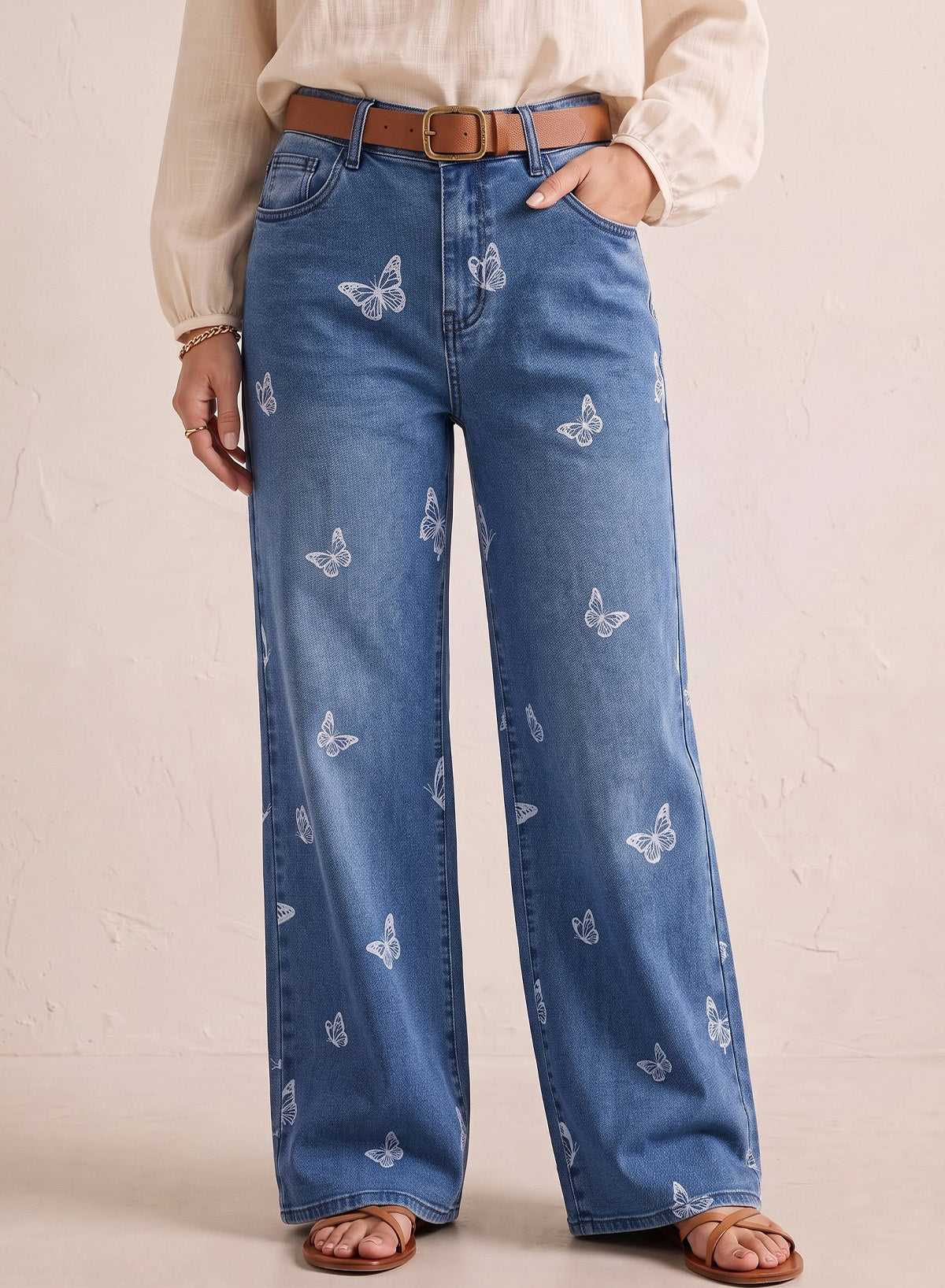 Dokotoo Women's Wide Leg Jeans Floral Print Baggy Denim Pants with Pockets