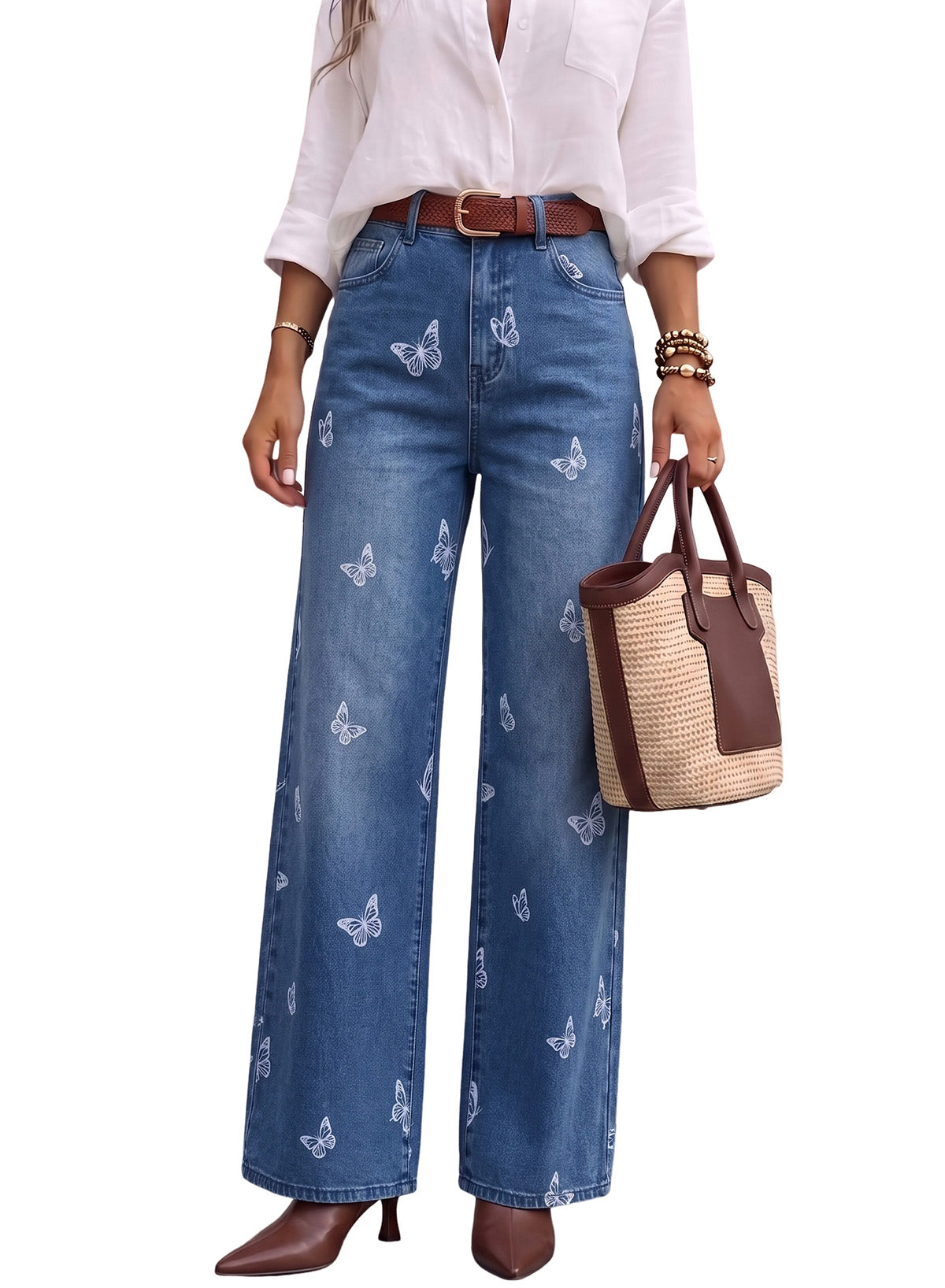 Dokotoo Women's Wide Leg Jeans Floral Print Baggy Denim Pants with Pockets