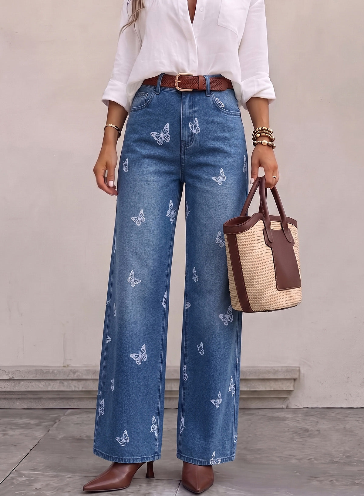 Dokotoo Women's Wide Leg Jeans Floral Print Baggy Denim Pants with Pockets