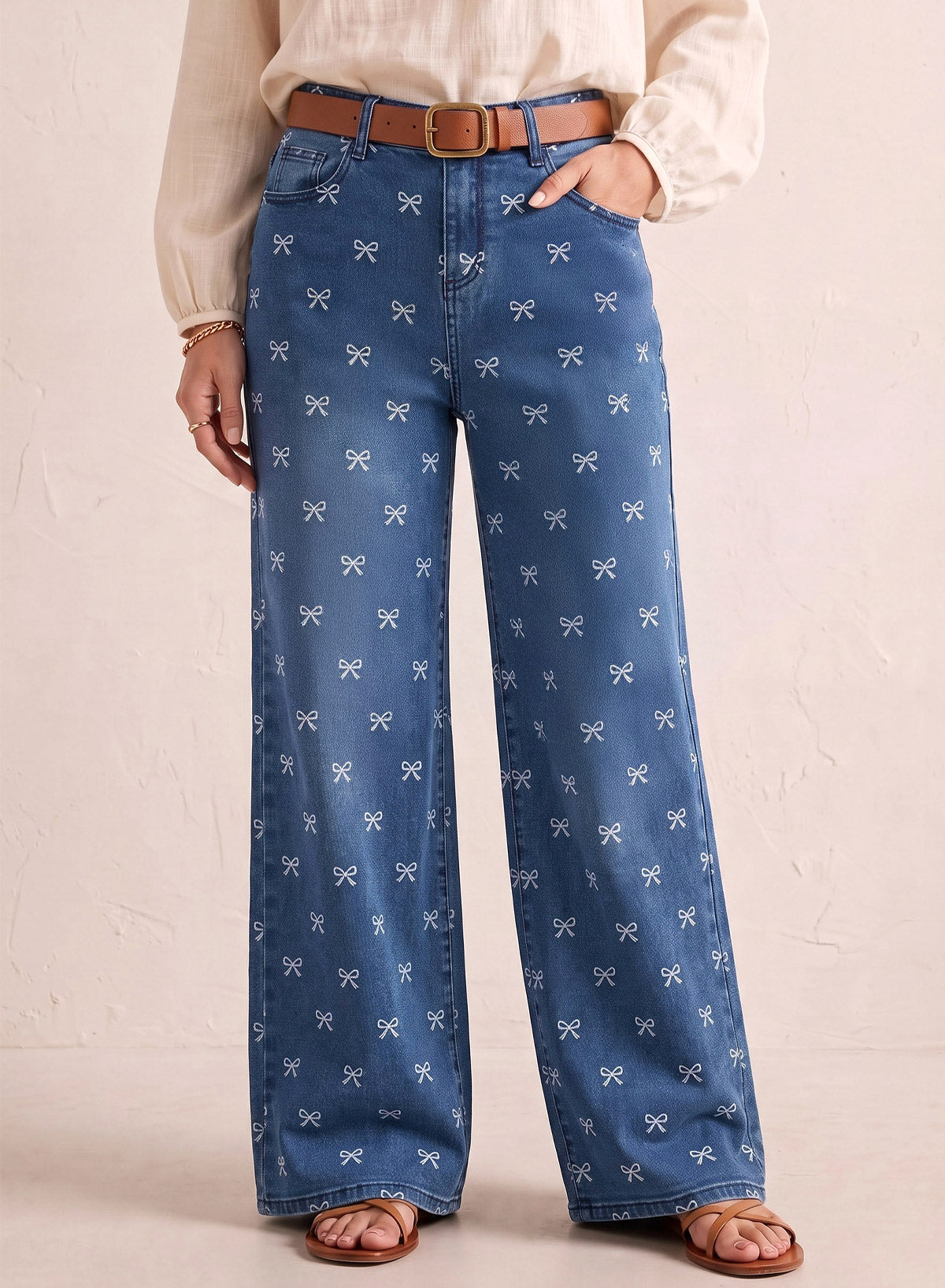 Dokotoo Women's Wide Leg Jeans Floral Print Baggy Denim Pants with Pockets