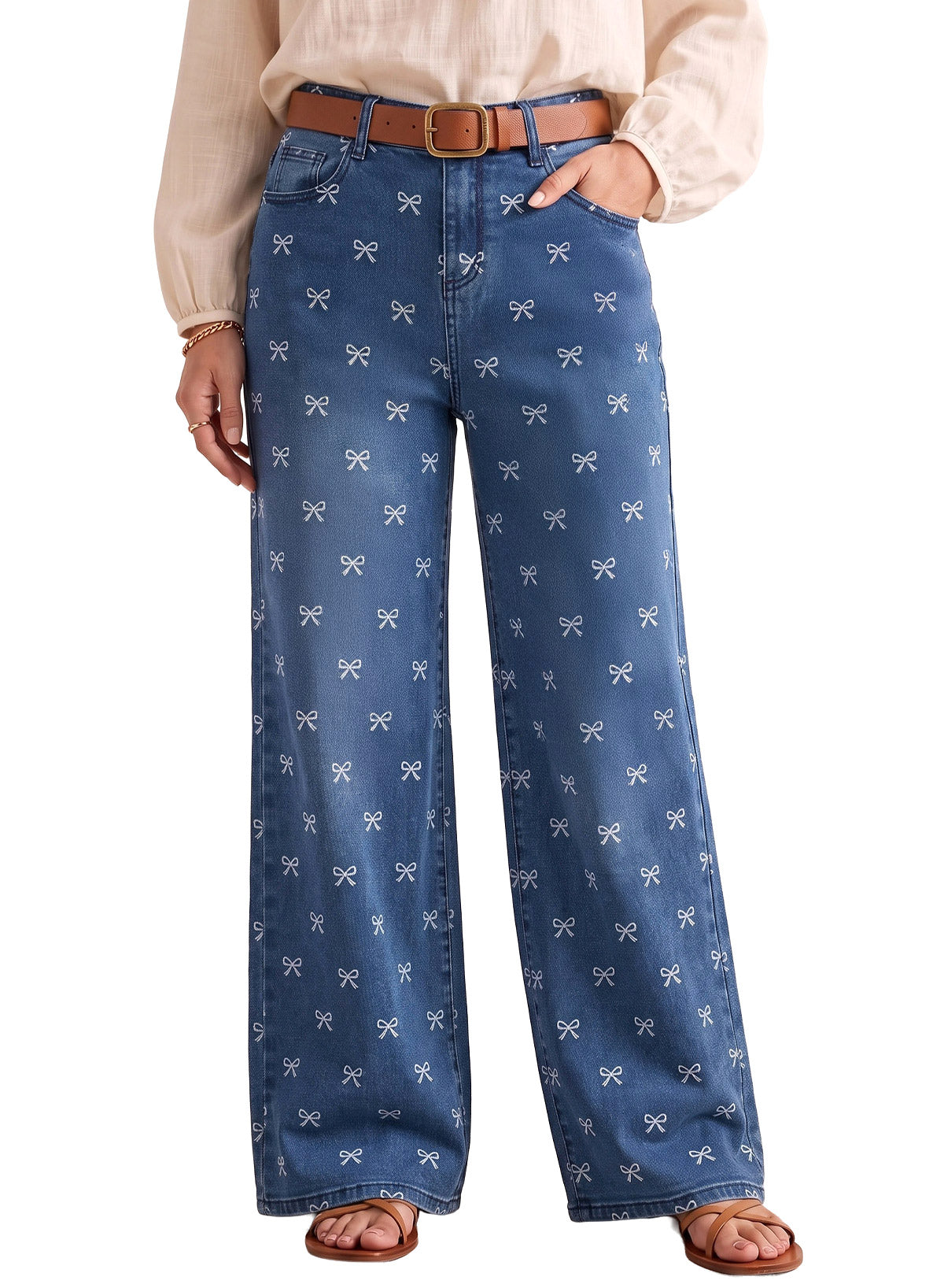 Dokotoo Women's Wide Leg Jeans Floral Print Baggy Denim Pants with Pockets