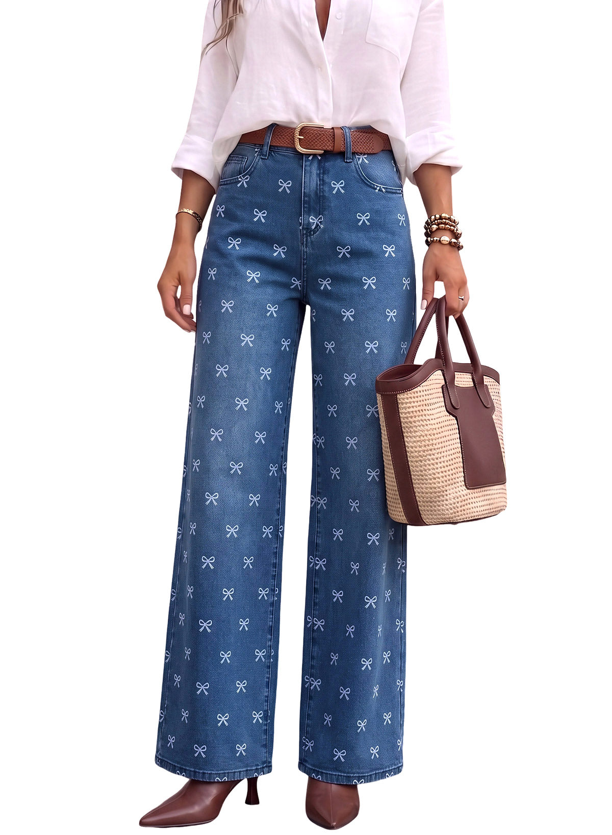 Dokotoo Women's Wide Leg Jeans Floral Print Baggy Denim Pants with Pockets