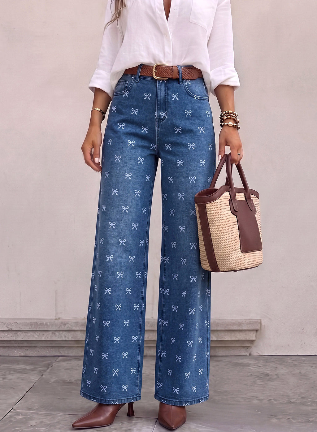 Dokotoo Women's Wide Leg Jeans Floral Print Baggy Denim Pants with Pockets