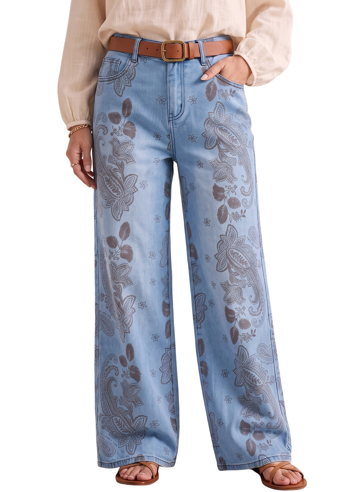Dokotoo Women's Wide Leg Jeans Floral Print Baggy Denim Pants with Pockets