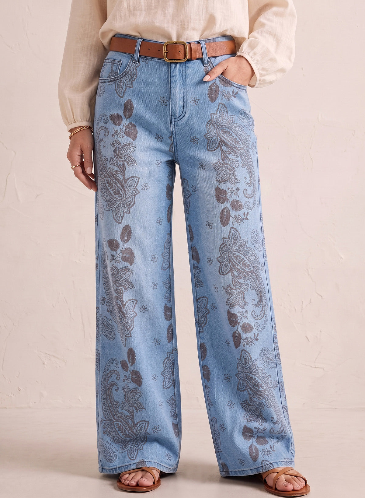 Dokotoo Women's Wide Leg Jeans Floral Print Baggy Denim Pants with Pockets